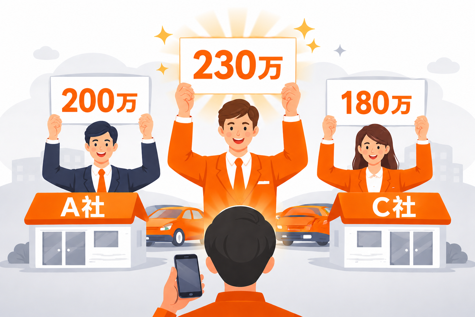 競争数が多いほど高く売れることを示すイラスト