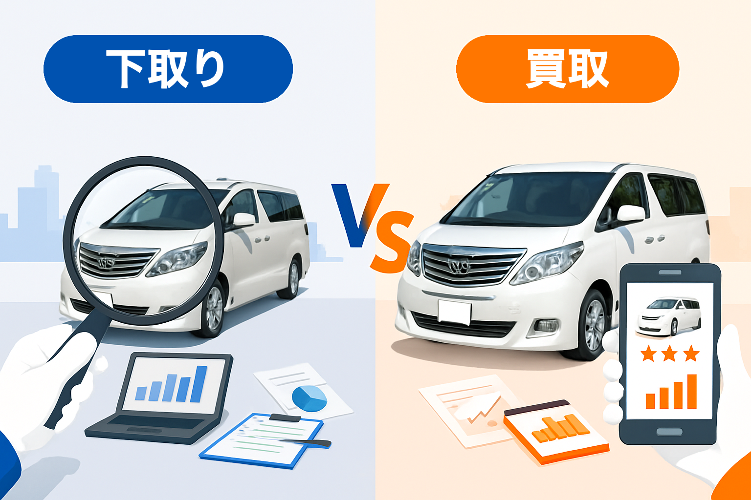 下取りより買取の方が高く売れるイラスト
